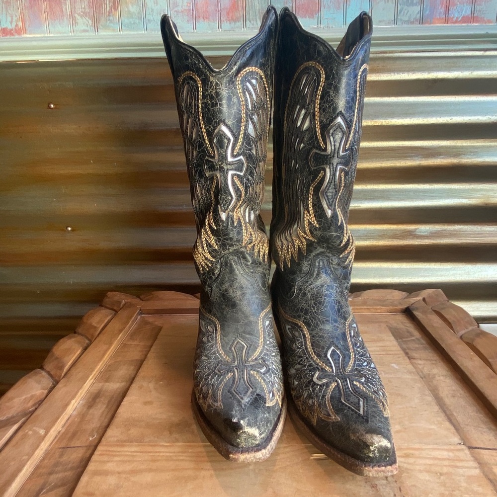 Corral Black and Gold Cross and Wings Boots